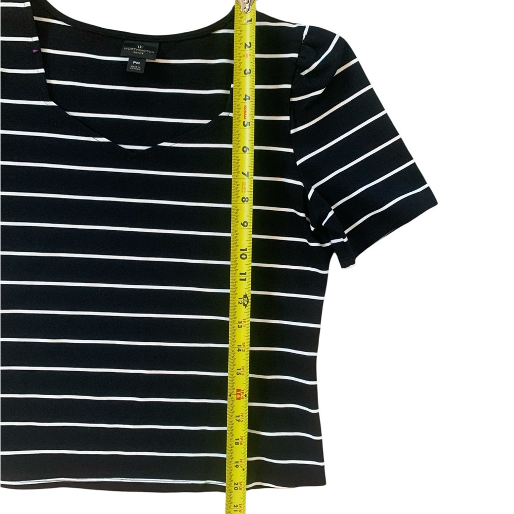Worthington Petite Black White Striped Sweetheart Neck Puff Sleeve Top PM - Picture 6 of 8
